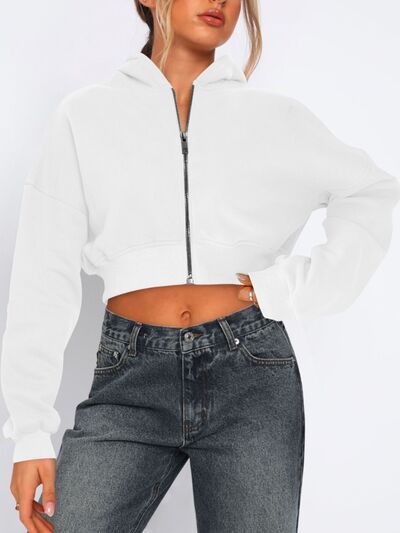 Zip Up Long Sleeve Hooded Cropped Jacket - Drazelle Store