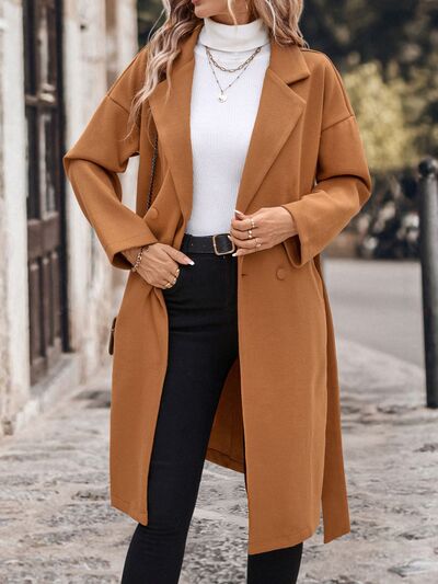 Dropped Shoulder Tie Waist Coat - Drazelle Store