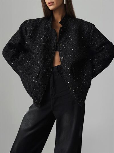 Sequin Detail Pocketed Long Sleeve Jacket - Drazelle Store