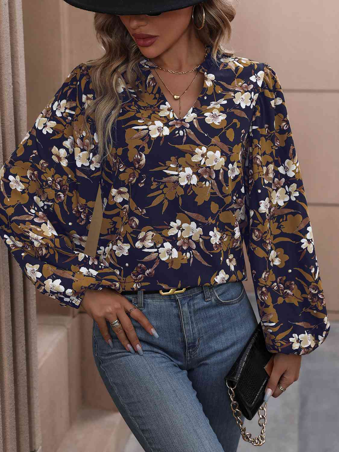 Perfee Floral Notched Balloon Sleeve Blouse - Drazelle Store