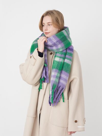 Fringe Plaid Polyester Scarf - Drazelle Store