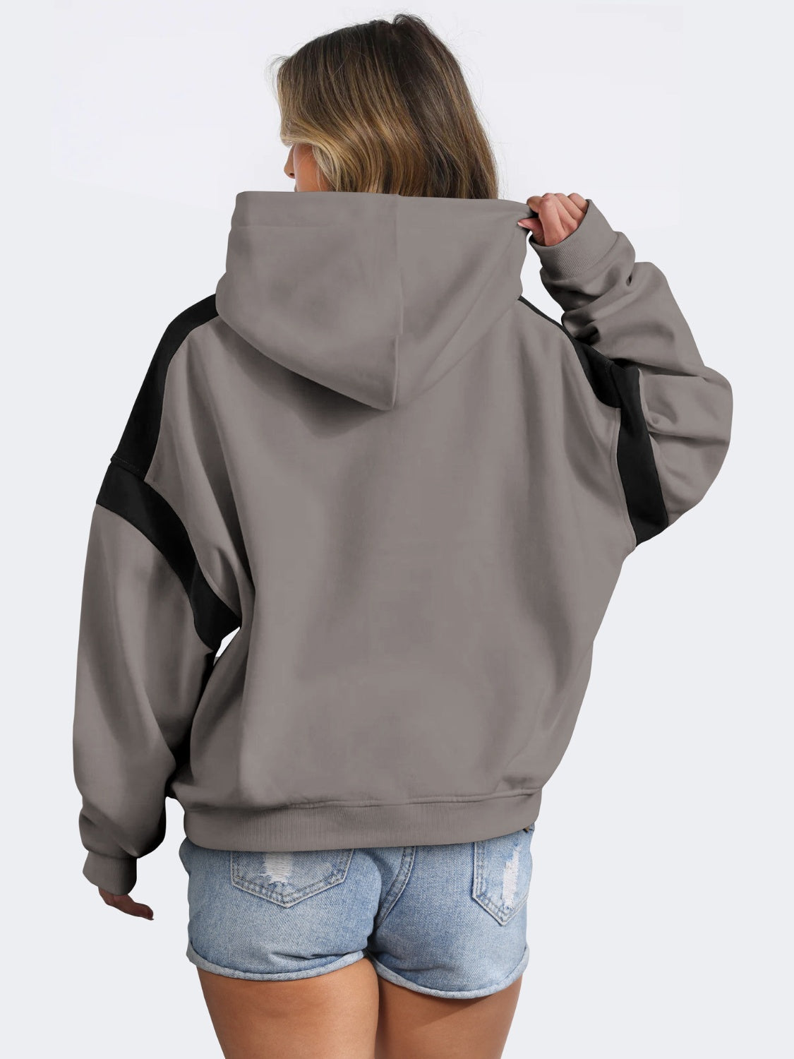 Contrast Dropped Shoulder Long Sleeve Hoodie - Drazelle Store