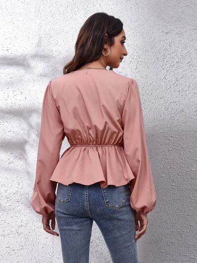 V-Neck Balloon Sleeve Peplum Blouse - Drazelle Store