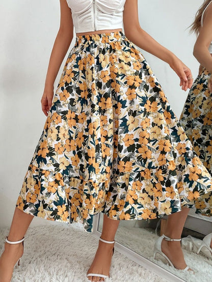 Printed Elastic Waist Midi Skirt - Drazelle Store