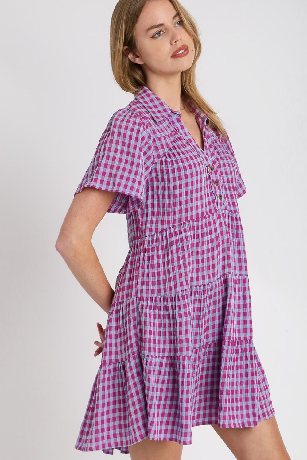 Gingham Tiered Button Detail Short Sleeve Dress - Drazelle Store