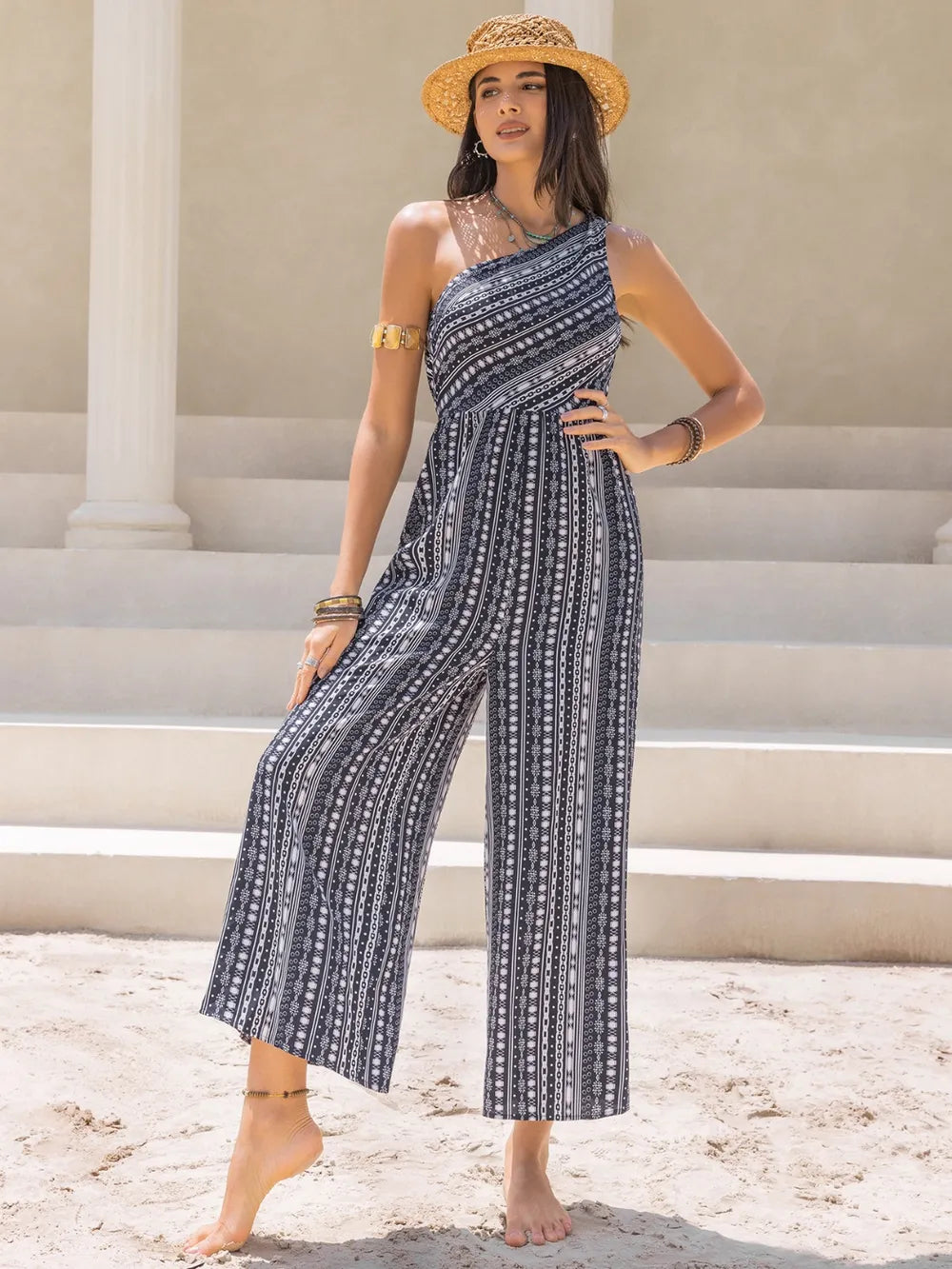 Printed Single Shoulder Sleeveless Jumpsuit - Drazelle Store