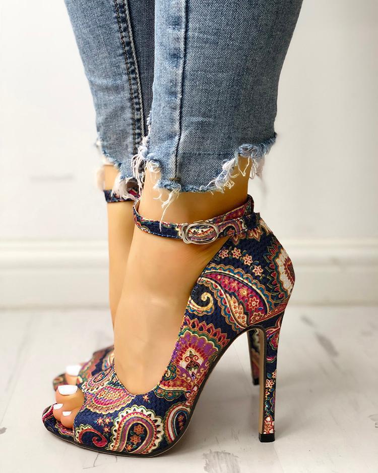 Printed toe buckle high heels - Drazelle Store