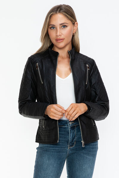 Snobbish Faux Leather Zip Up Mock Neck Jacket - Drazelle Store