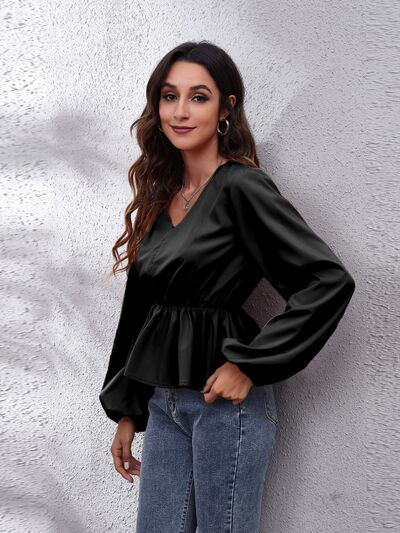 V-Neck Balloon Sleeve Peplum Blouse - Drazelle Store