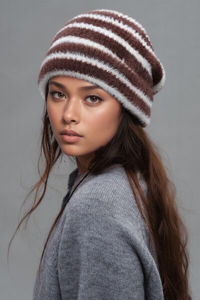 Fuzzy Contrast Striped Thermal Hat - Drazelle Store