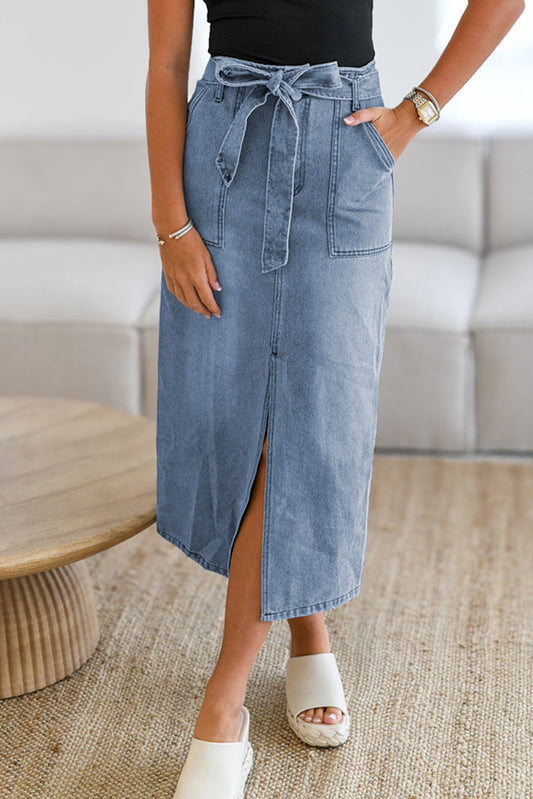 Tied Slit Denim Skirt - Drazelle Store