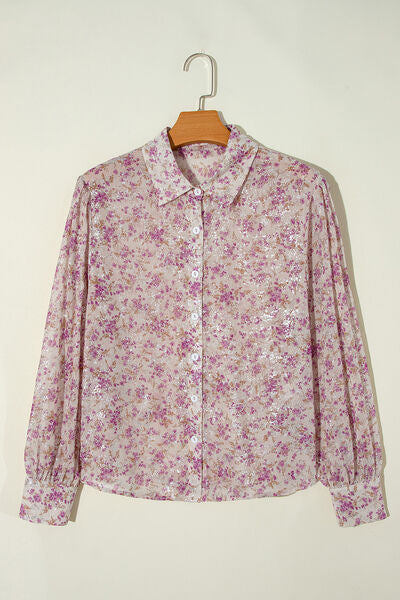 Printed Collared Neck Long Sleeve Shirt - Drazelle Store