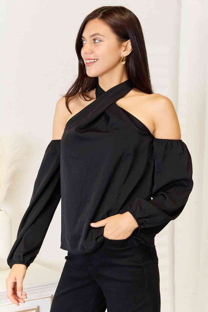 Perfee Grecian Cold Shoulder Long Sleeve Blouse - Drazelle Store