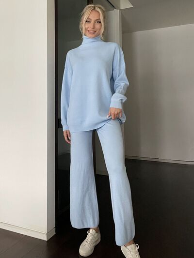 Turtleneck Long Sleeve Top and Drawstring Pants Sweater Set - Drazelle Store