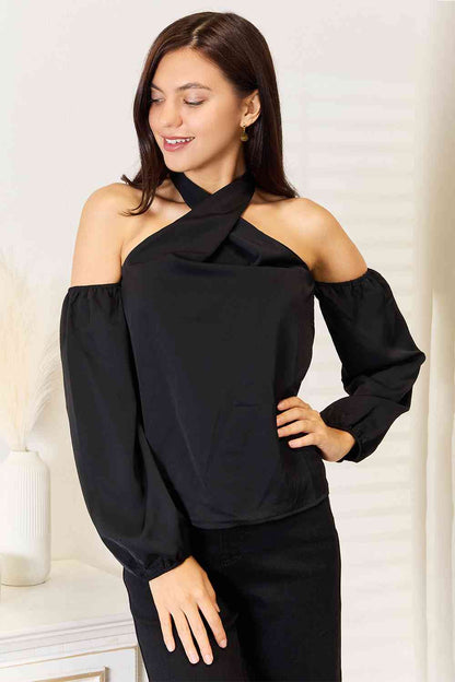 Perfee Grecian Cold Shoulder Long Sleeve Blouse - Drazelle Store