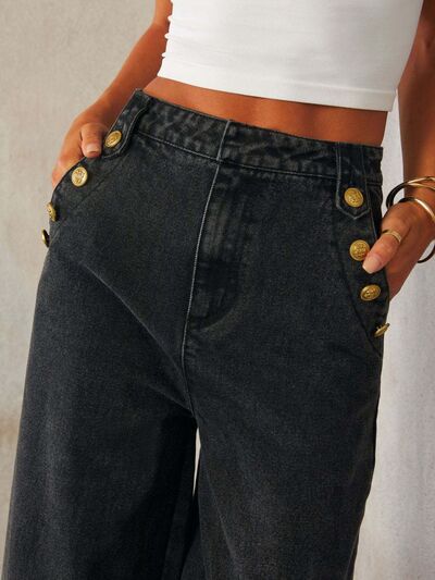 Button Decor High Rise Wide Leg Jeans  - Drazelle Store