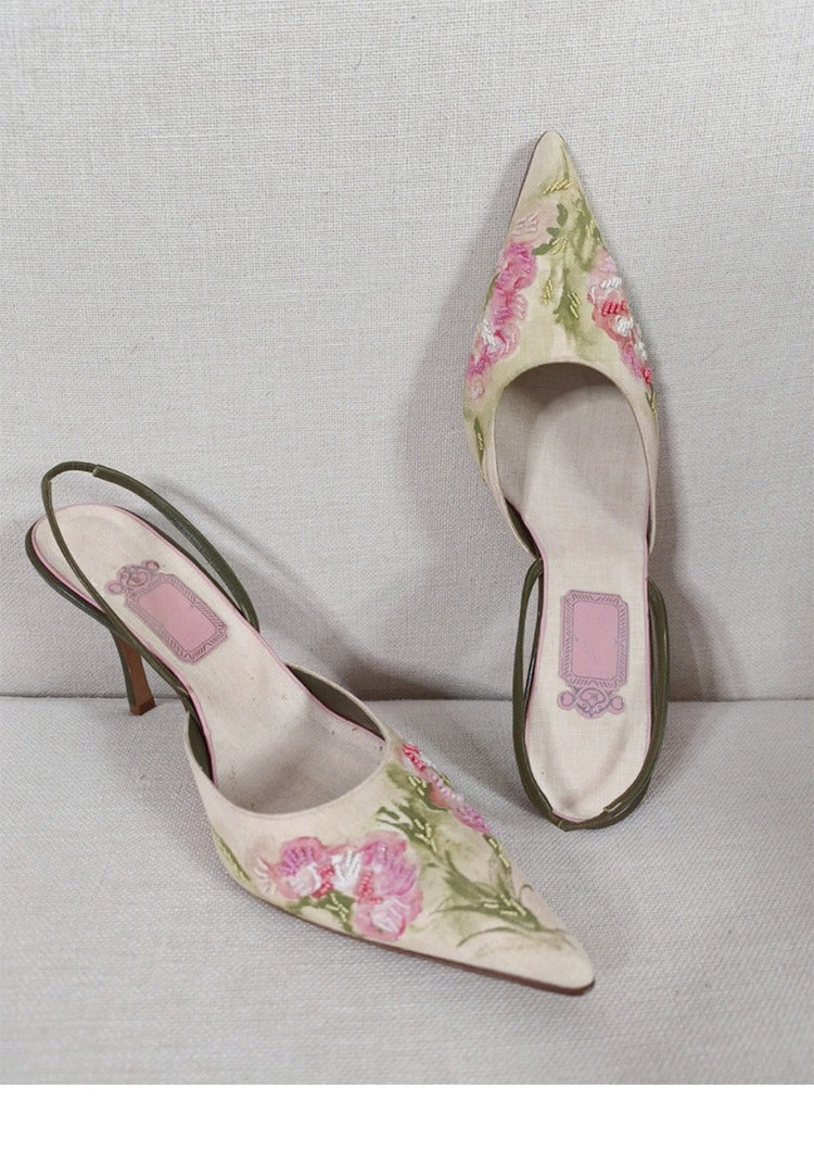 Vintage Pointed Embroidered High Heels - Drazelle Store