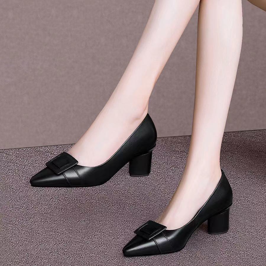 Genuine Leather Thick Heel Mid-heel Pointed Toe Women's Pumps - Drazelle Store