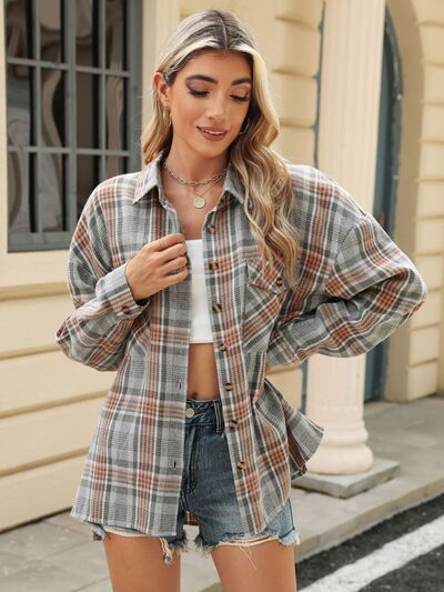 Pocketed Plaid Collared Neck Long Sleeve Shirt - Drazelle Store