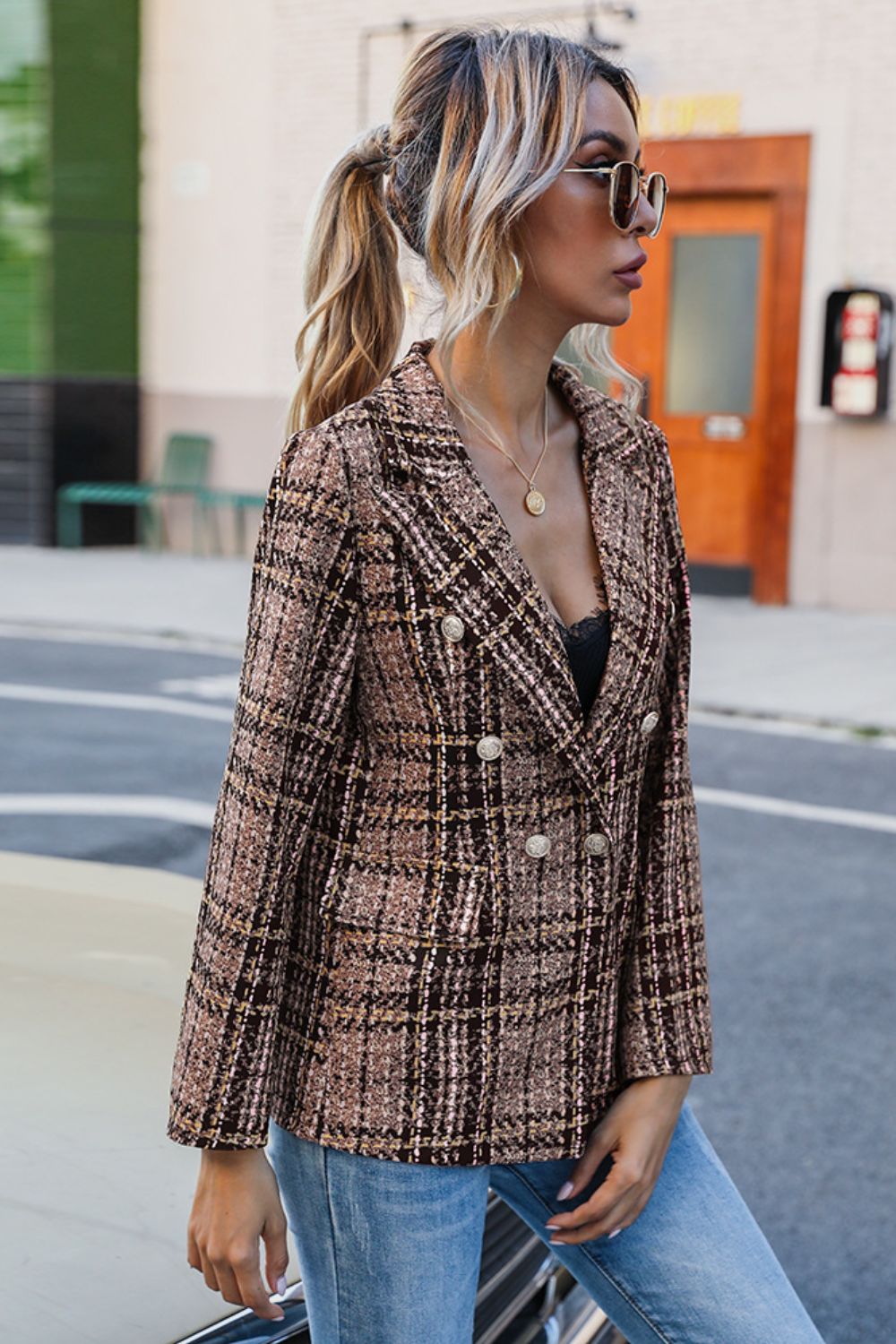 Plaid Buttoned Blazer - Drazelle Store