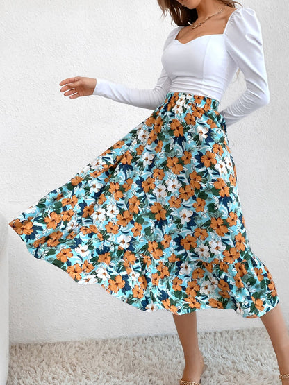 Printed Elastic Waist Midi Skirt - Drazelle Store