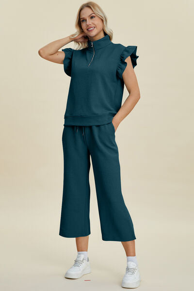 Double Take Full Size Texture Ruffle Short Sleeve Top and Wide Leg Pants Set - Drazelle Store