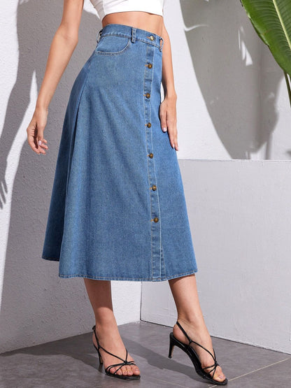 Buttoned Midi Denim Skirt with Pockets - Drazelle Store