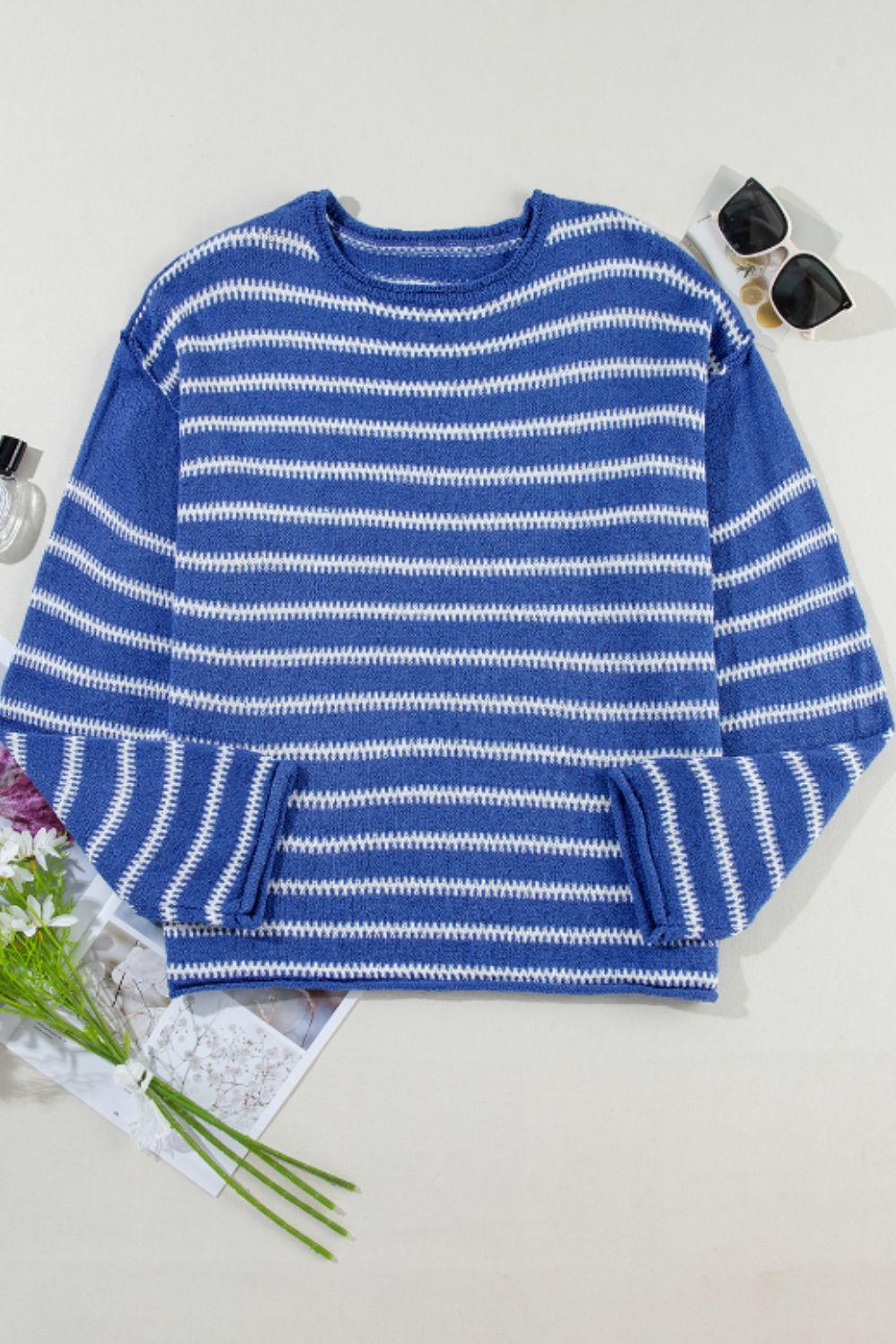 Striped Round Neck Dropped Shoulder Sweater - Drazelle Store