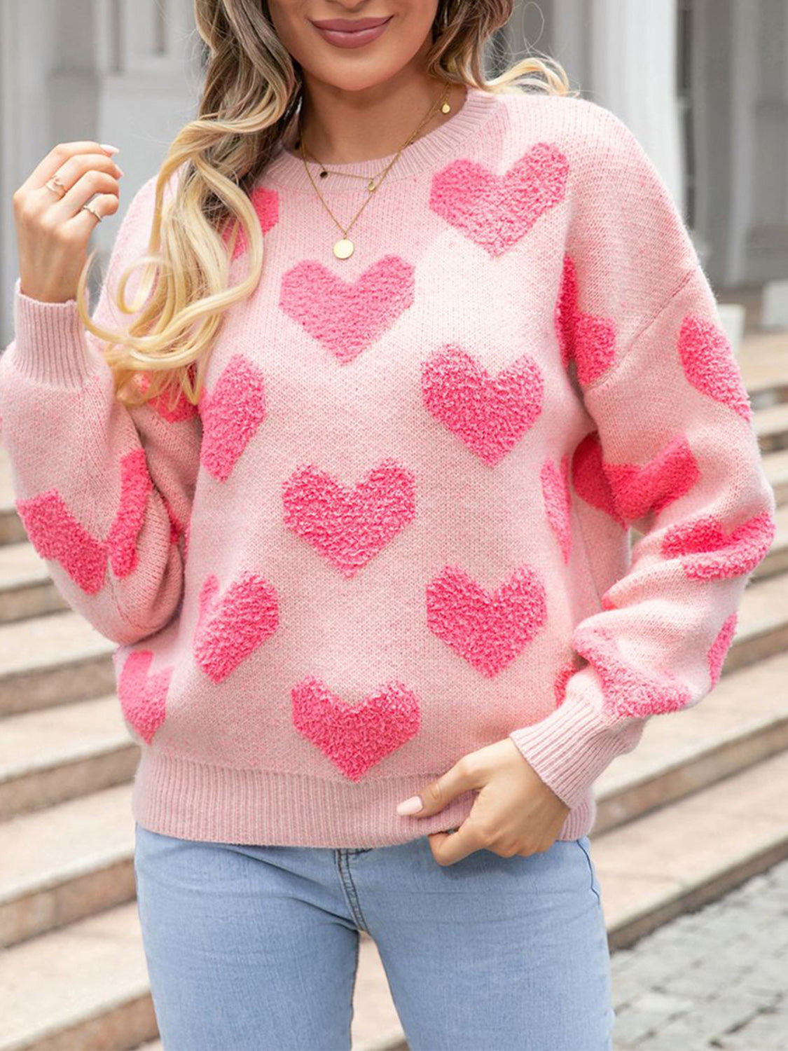 Heart Round Neck Dropped Shoulder Sweater - Drazelle Store