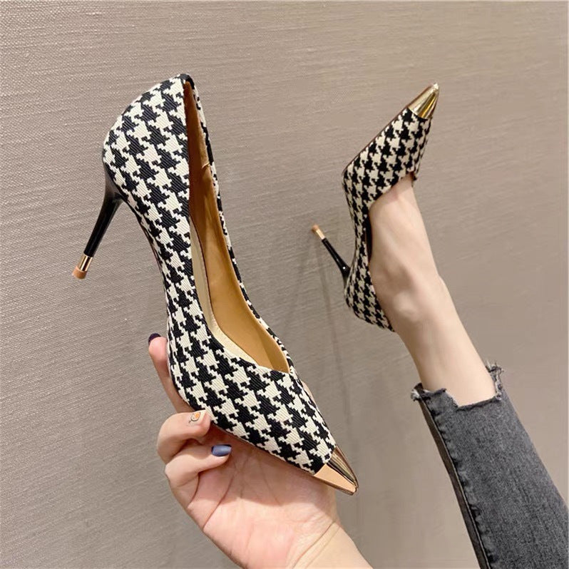 Ladies Plaid Pointed Toe Stiletto Pumps - Drazelle Store