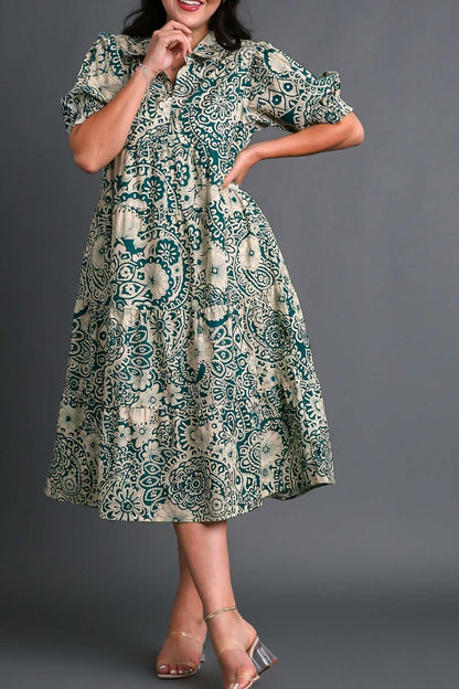 Printed Smocked Cuff Puff Sleeve Midi Dress - Drazelle Store