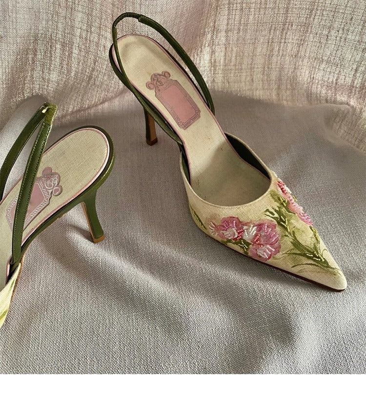 Vintage Pointed Embroidered High Heels - Drazelle Store