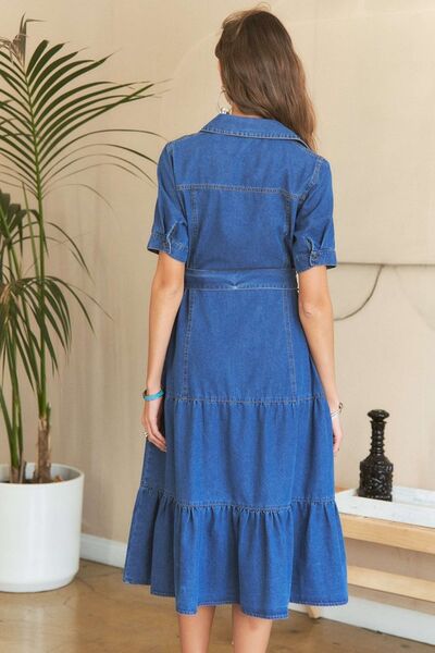 ADORA Tiered Button Down Tie Waist Short Sleeve Denim Dress - Drazelle Store