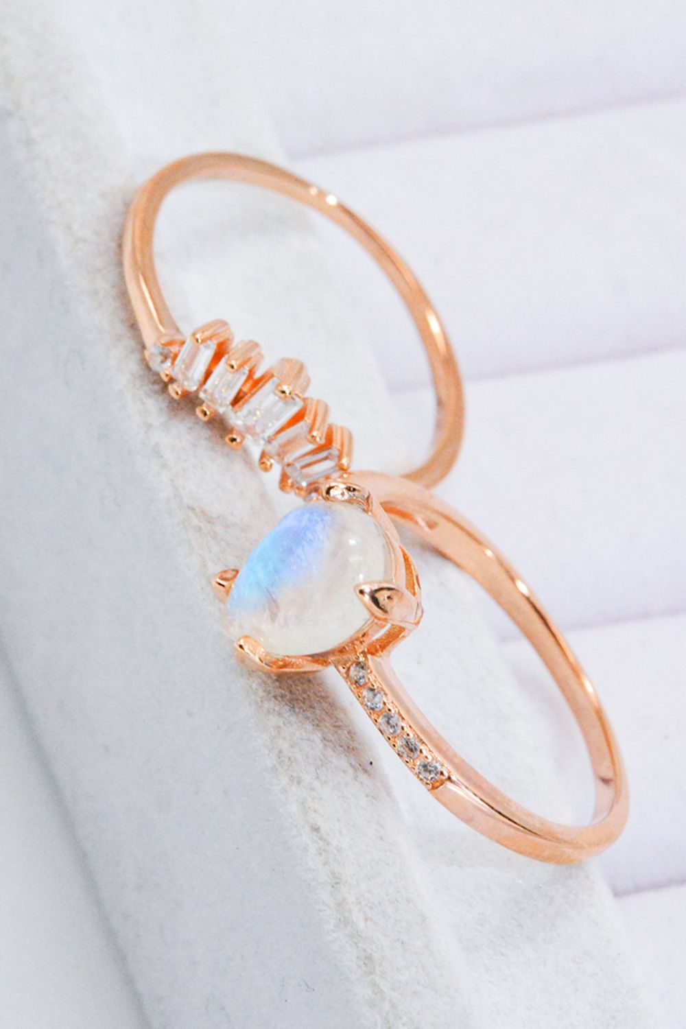 Natural Moonstone and Zircon 18K Rose Gold-Plated Two-Piece Ring Set - Drazelle Store