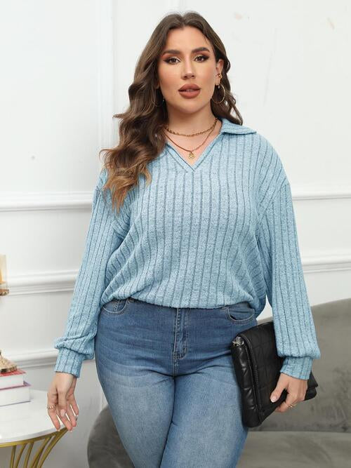 Plus Size Ribbed Collared Neck Long Sleeve Blouse - Drazelle Store