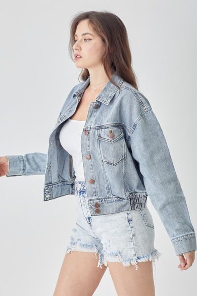 RISEN Full Size Button Down Cropped Denim Jacket - Drazelle Store