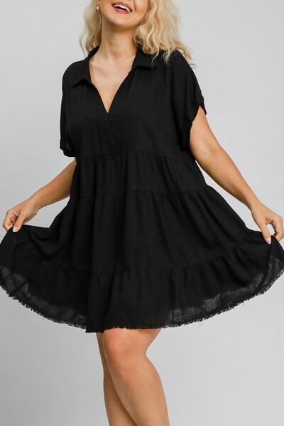 Umgee Full Size Raw Hem Folded Sleeve Tiered Dress Plus Size - Drazelle Store