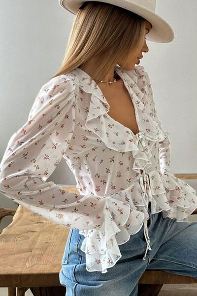 Ruffled Floral Tied Long Sleeve Blouse - Drazelle Store