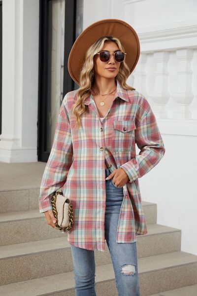 Plaid Collared Neck Long Sleeve Shirt - Drazelle Store