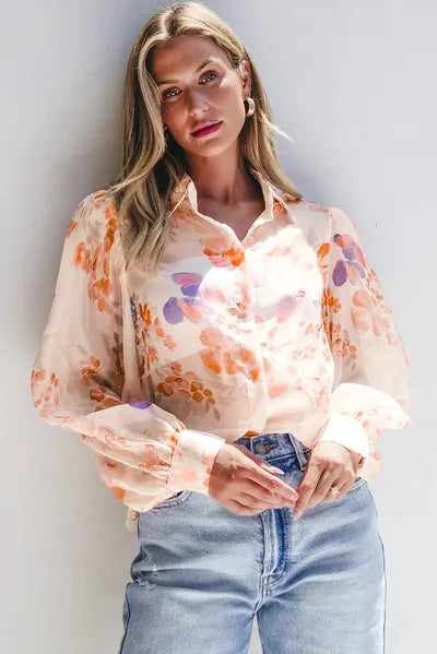 Printed Collared Neck Long Sleeve Shirt - Drazelle Store