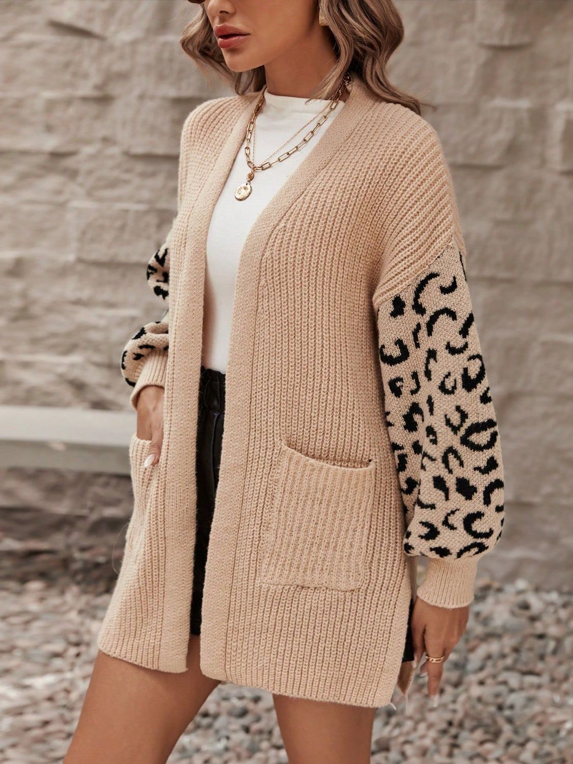 Pocketed Leopard Open Front Cardigan - Drazelle Store