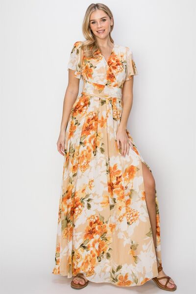 HYFVE Floral Tie Back Short Sleeve Slit Maxi Dress - Drazelle Store