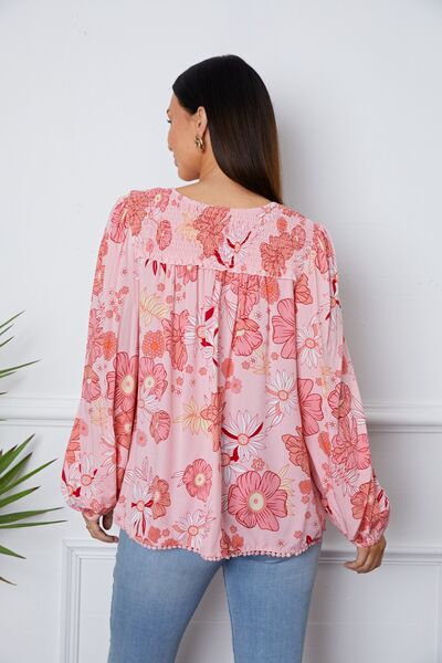 Floral Smocked Tassel Tie Balloon Sleeve Blouse - Drazelle Store