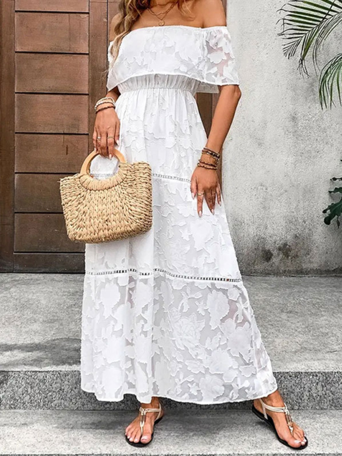 Off-Shoulder Short Sleeve Maxi Dress - Drazelle Store