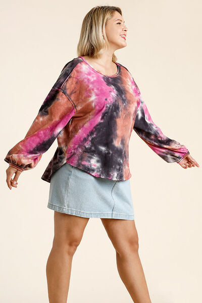 Umgee Full Size Tie Dye Round Neck Long Balloon Sleeve Top Plus Size - Drazelle Store