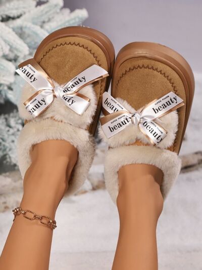 Bow Suede Platform Plush Slippers - Drazelle Store