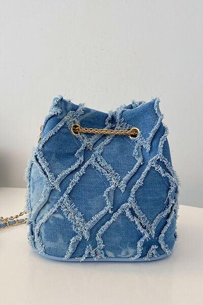 Chain Drawstring Raw Edge Denim Bucket Bag - Drazelle Store