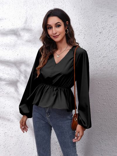 V-Neck Balloon Sleeve Peplum Blouse - Drazelle Store