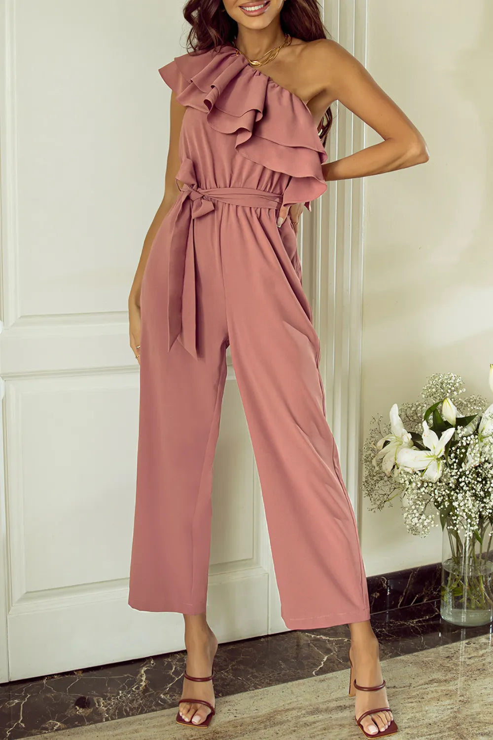 Ruffled Tied One-Shoulder Jumpsuit - Drazelle Store 