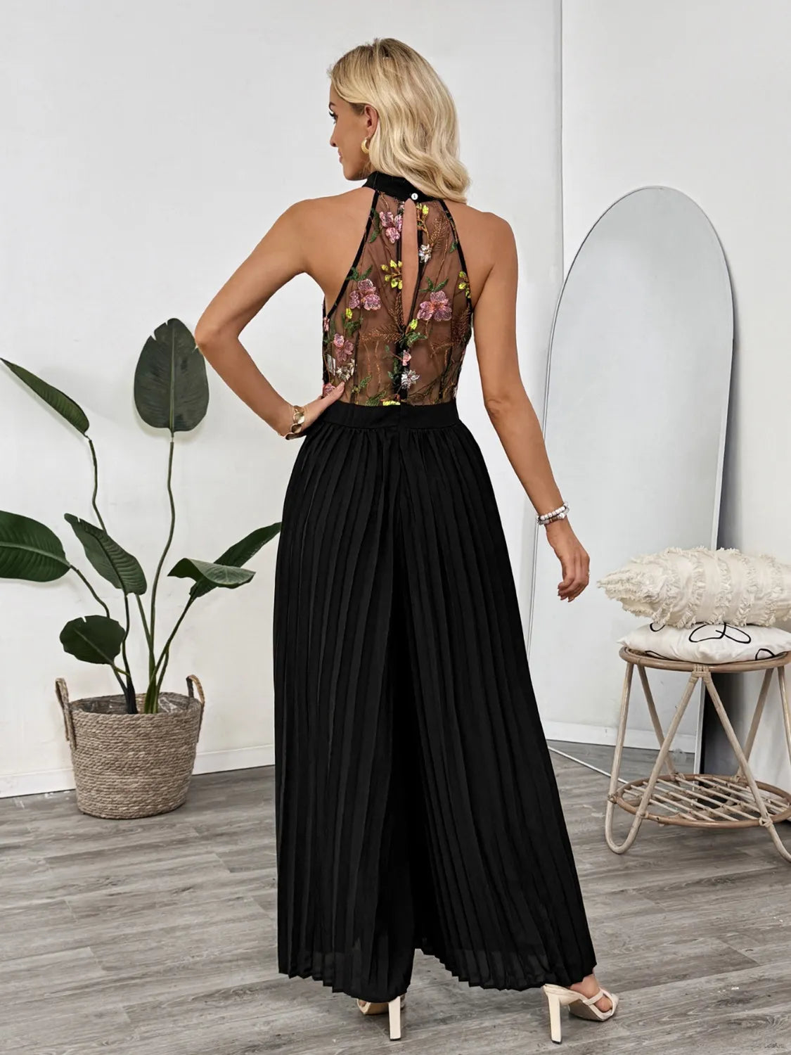Floral Embroidered Halter Neck Pleated Jumpsuit - Drazelle Store